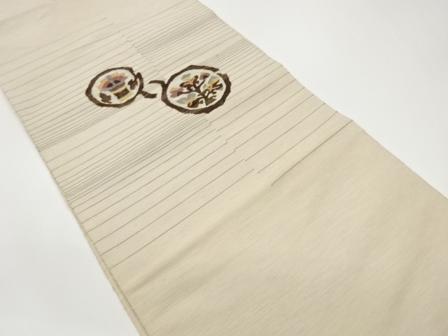 Nagoya obi woven with abstract plants and horizontal stripes